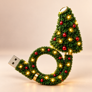 Christmas tree USB projector light with warm LEDs, red ornaments and flexible loop