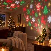 Christmas USB projector casting colorful festive scenes across a cozy living room wall and ceiling