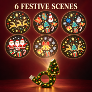 Six festive Christmas projection scenes including reindeer, Santa, snowflakes, gifts and bells