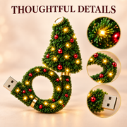 Close-up details of the warm LED lights, realistic tree texture, flexible body and USB-A plug
