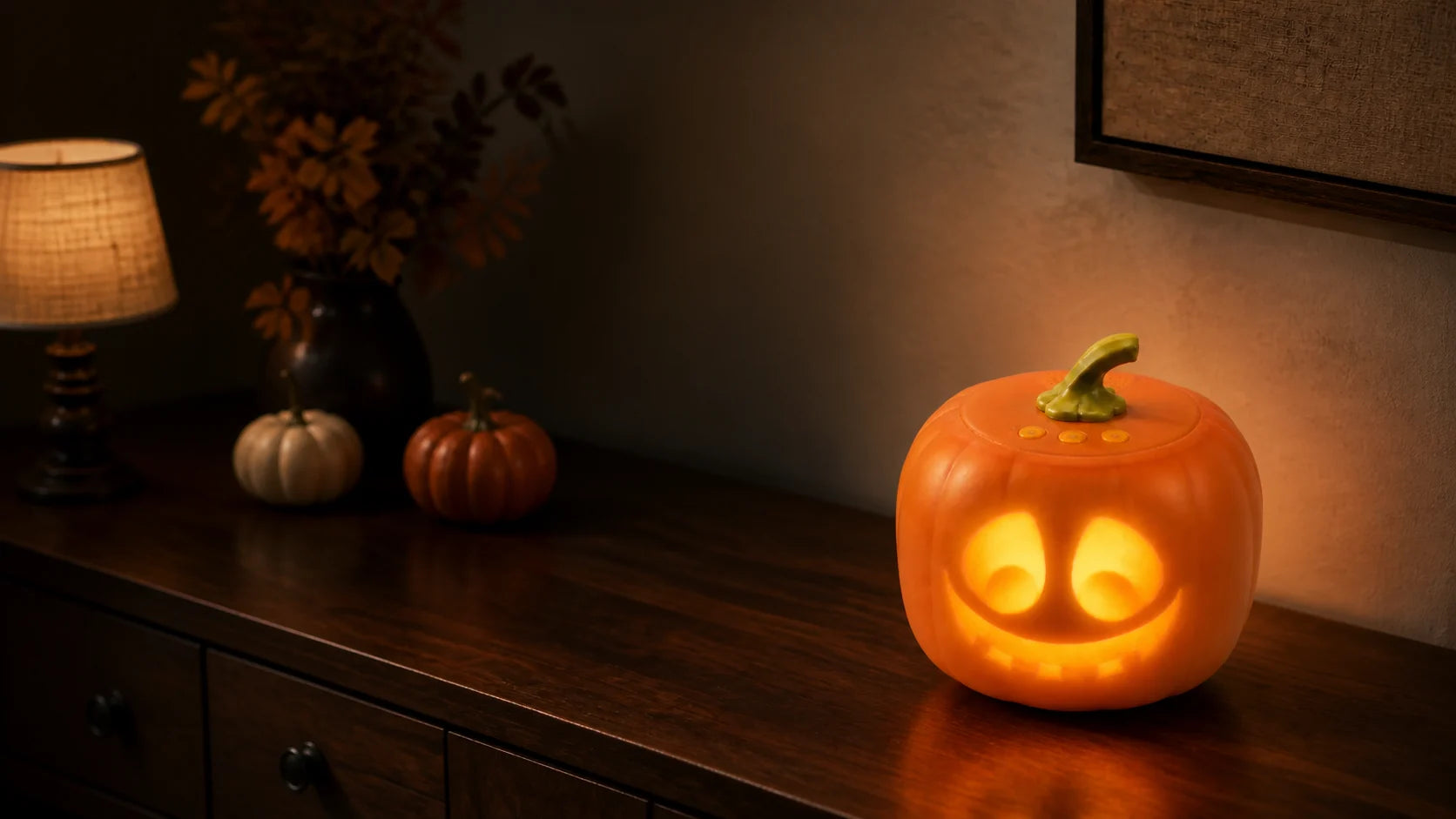 Animated pumpkin lamp glowing in a warm Halloween setting